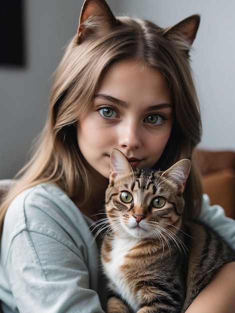 Photo un beau chat est assis sur les genoux d'une fille