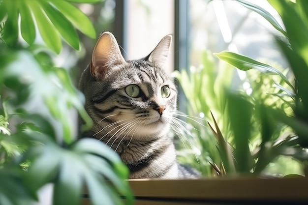 Un beau chat est assis près de la fenêtre