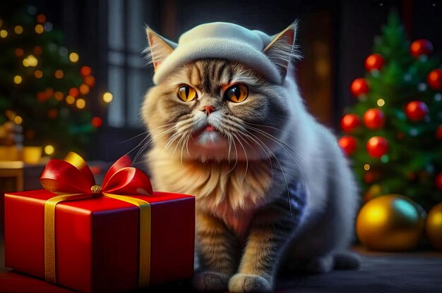 Beau chat mignon avec des cadeaux de Noël dans un intérieur festif