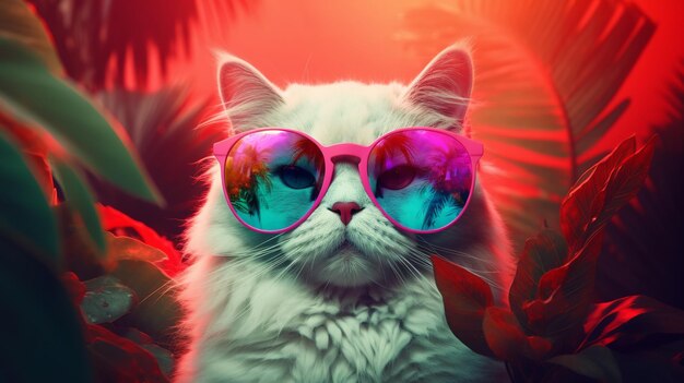 Beau chat de mode portant des lunettes de soleil grand design à toutes fins Conception de chat moderne Bonnes vacances Concept animal Style moderne à la mode Concept de vacances Heureux beau fond