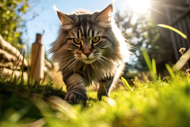 Un beau chat moelleux se promène le long d’un chemin dans l’herbe