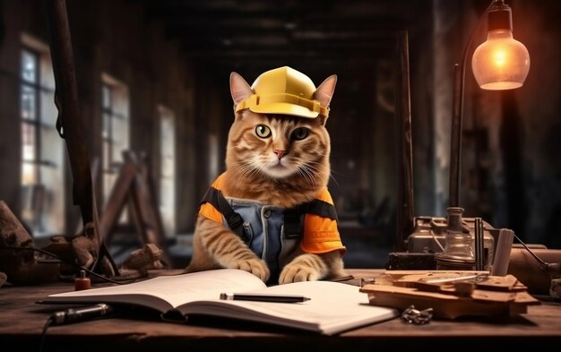 Photo un beau chat ouvrier de la construction assis une ia générative