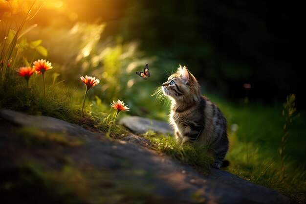 Beau chat avec un papillon