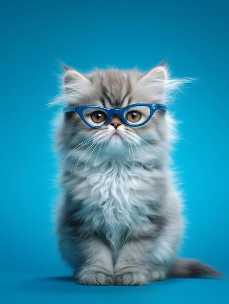 Beau chat persan portant des lunettes sur fond bleu