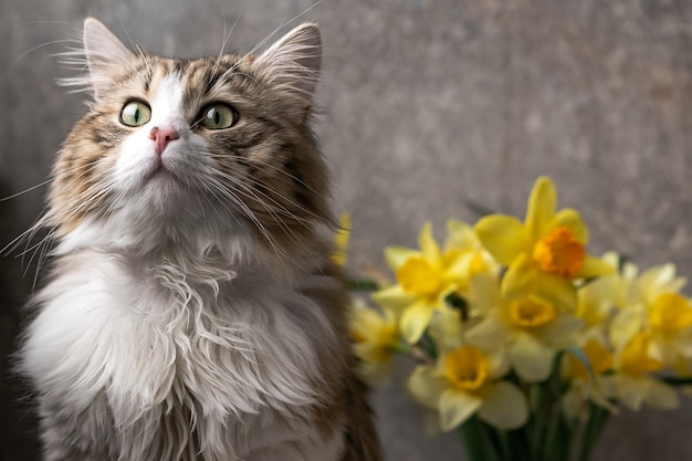 Beau chat à poil long avec une poitrine blanche, de grands yeux verts et un nez rose est assis sur un fond de fleurs et regarde loin en gros plan