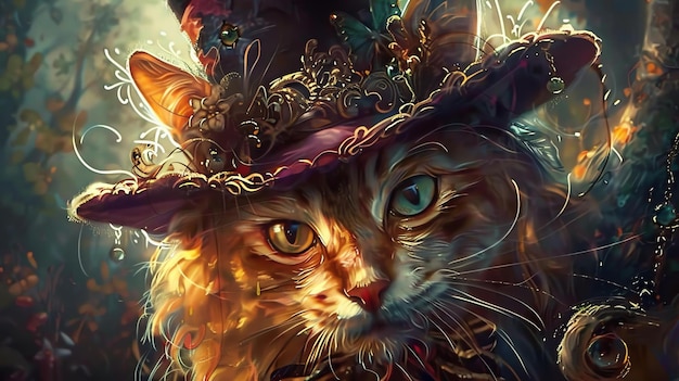 Photo un beau chat portant un chapeau de fantaisie regarde la caméra avec curiosité le chat a des yeux verts brillants et une fourrure orange moelleuse