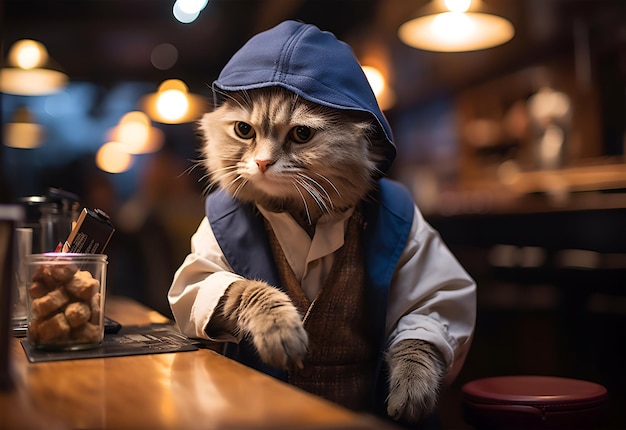 Beau chat portant un imperméable bleu assis dans un café