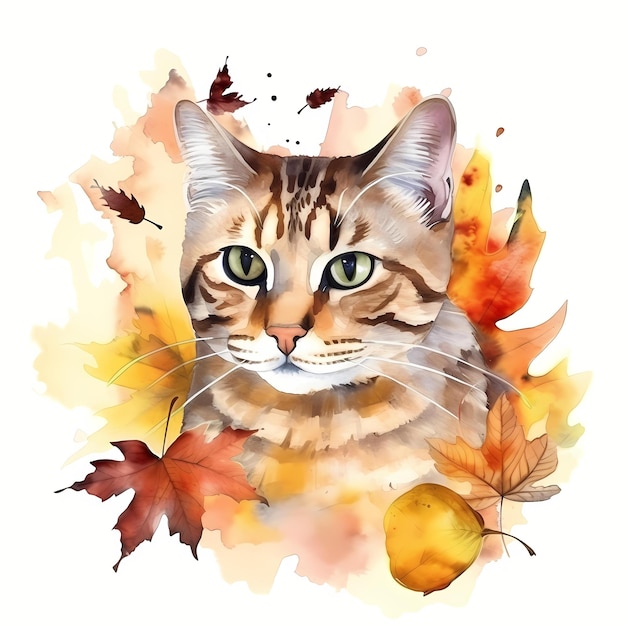 Beau chat Portrait entouré de feuilles d'automne Clipart aquarelle