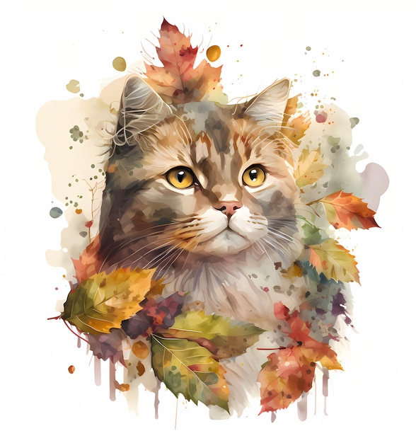 Beau chat Portrait entouré de feuilles d'automne Clipart aquarelle