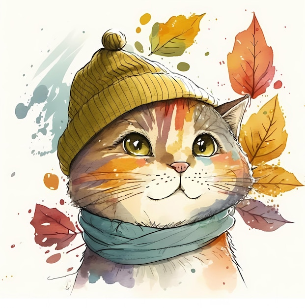 Beau chat Portrait entouré de feuilles d'automne Clipart aquarelle