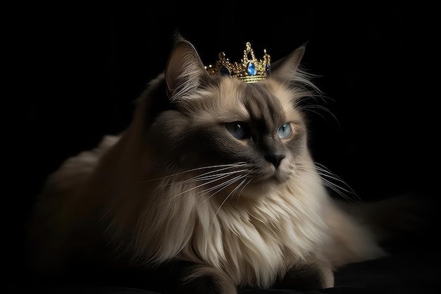 Beau chat Ragdoll en couronne d'or sur fond noir mat AI générative