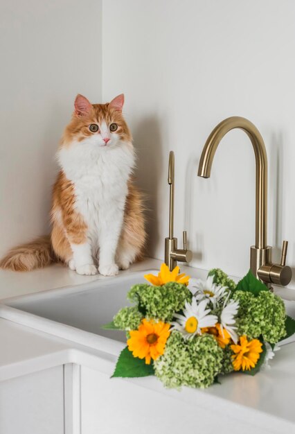 Un beau chat rouge et un bouquet de fleurs de jardin dans l'évier de la cuisine