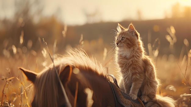 Un beau chat roux est assis sur le dos d'un cheval brun dans un champ doré