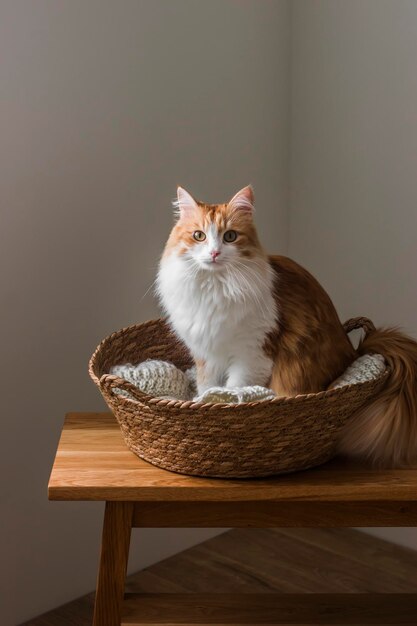 Un beau chat roux sain dans un panier de paille sur un banc en bois