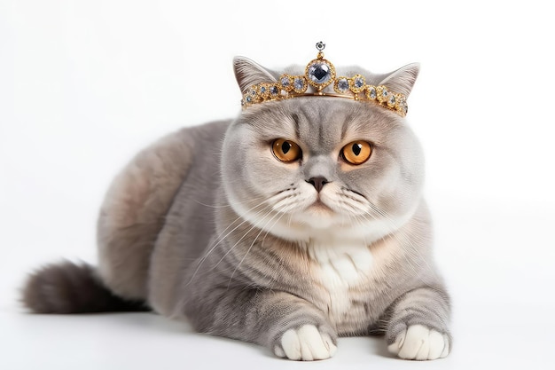 Beau chat Scottish Fold en couronne d'or sur fond blanc IA générative