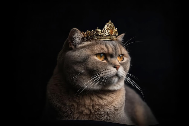 Beau chat Scottish Fold en couronne d'or sur fond noir mat AI générative