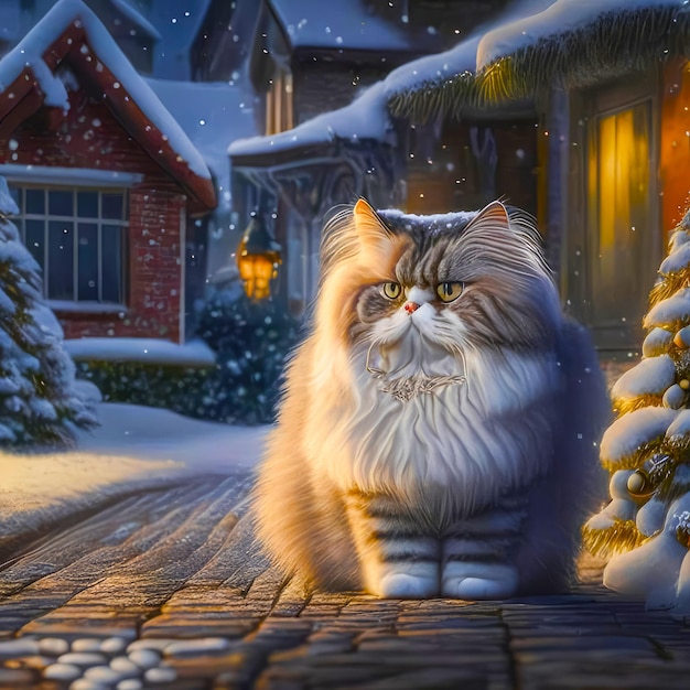 un beau chat sur un sentier enneigé en attente du Nouvel An et de Noël