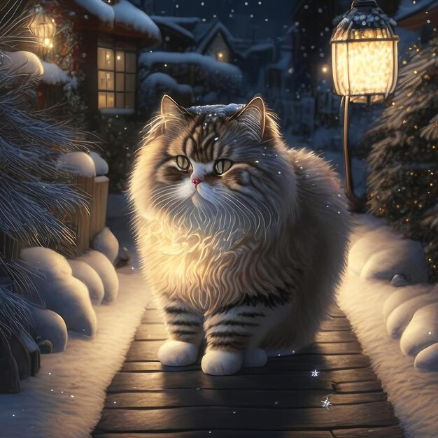 un beau chat sur un sentier enneigé en attente du Nouvel An et de Noël