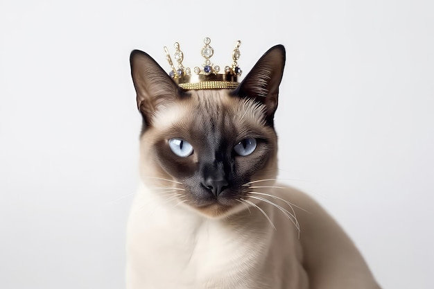 Beau chat siamois en couronne d'or sur fond blanc IA générative