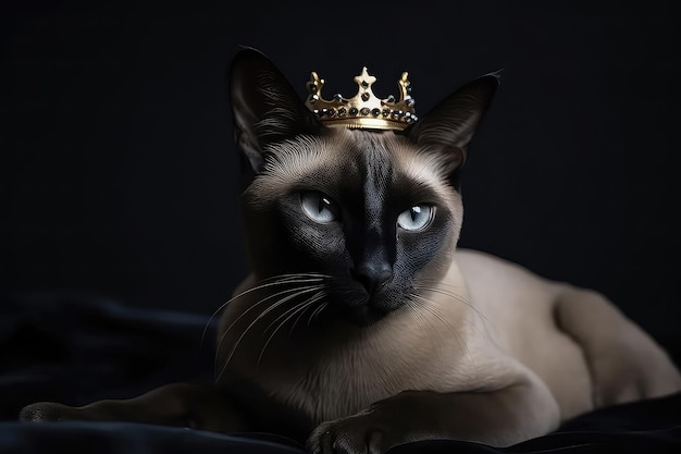 Beau chat siamois en couronne d'or sur fond noir mat AI générative