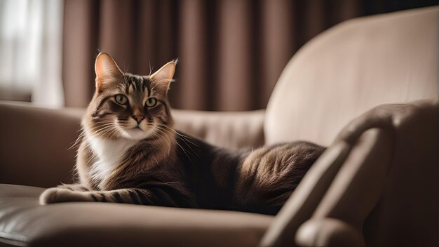 Beau chat sibérien allongé sur le canapé dans le salon à la maison