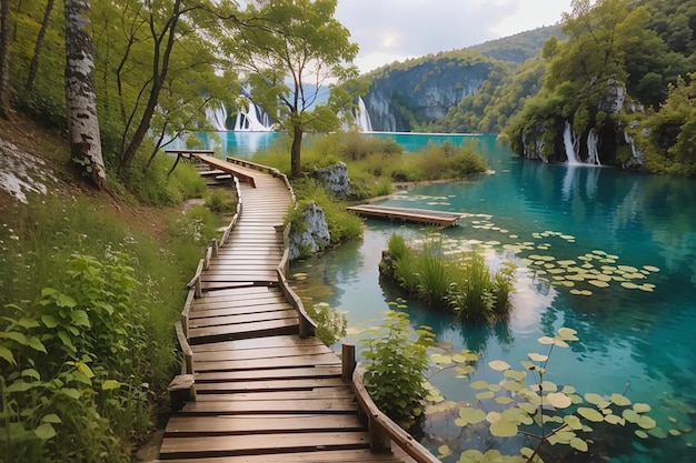 Beau chemin en bois dans le lac de Plitvice en Croatie