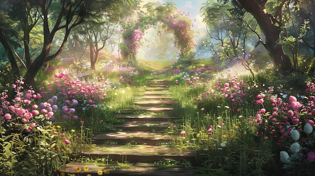 Un beau chemin enchanteur mène à travers une forêt verte luxuriante le chemin est entouré de fleurs vibrantes de toutes les couleurs