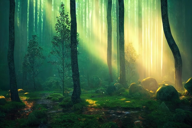 Beau chemin forestier comme fond de panorama Art conceptuel Peinture numérique Illustration fantastique
