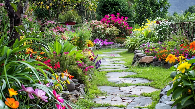 Un beau chemin de jardin serpente à travers un jardin luxuriant Le chemin est fait de pierre et est entouré d'une variété de fleurs et de plantes