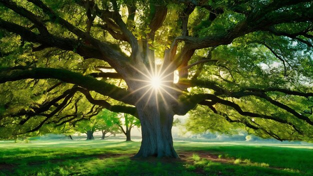 Beau chêne avec le soleil dans ses branches