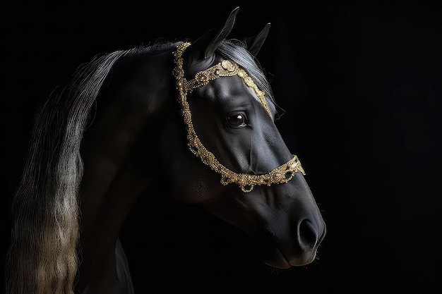 Beau cheval arabe en couronne d'or sur fond noir mat AI générative