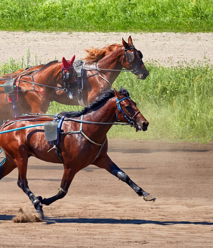 beau cheval courant le long d'un hippodrome