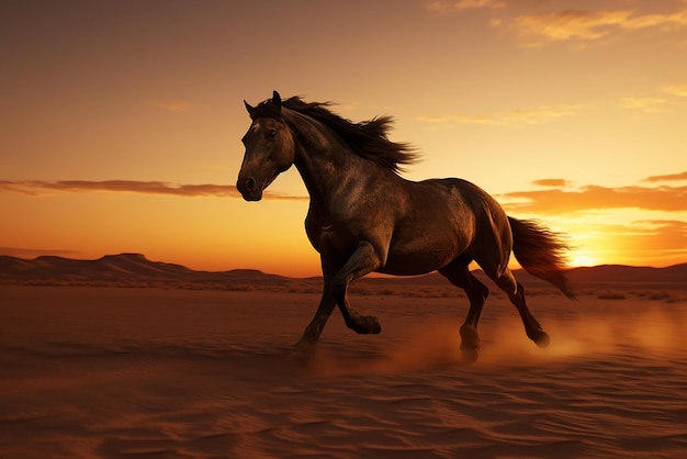 Un beau cheval court dans le désert