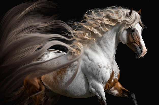 Beau cheval de danse brun blanc avec une belle crinière et queue