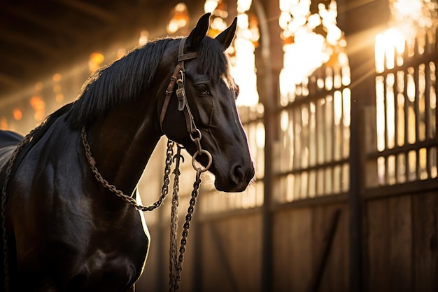 Beau cheval noir dans une écurie