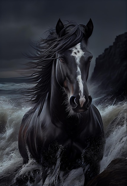 Photo beau cheval noir sur la plage