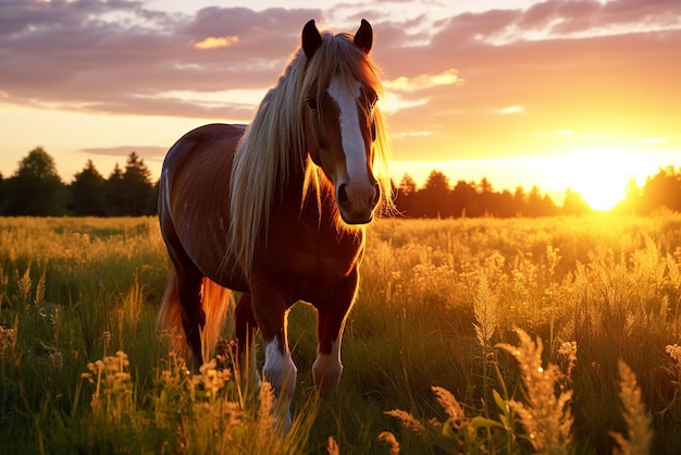 Un beau cheval rouge broutant dans un champ