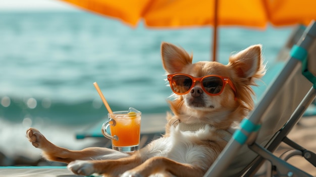 Beau chien chihuahua allongé sur un fauteuil solaire sur une plage de mer tropicale pendant les vacances d'été portant des lunettes de soleil orange et buvant un cocktail chiot se reposant et se relaxant avec des palmiers en arrière-plan