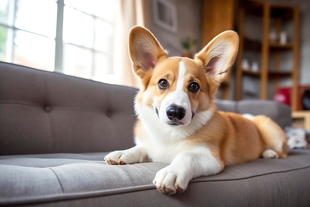 Beau chien corgi de race calme et intelligent allongé sur un canapé dans le salon AI générative