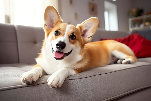 Beau chien corgi de race calme et intelligent allongé sur un canapé dans le salon AI générative