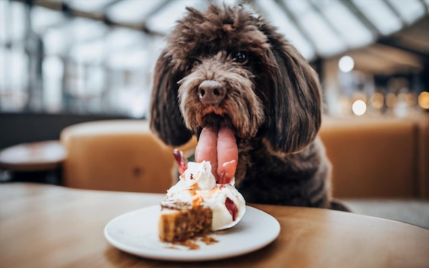 un beau chien mange un gâteau