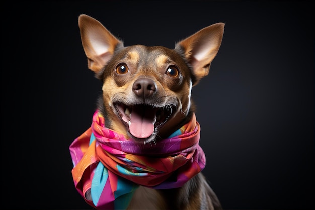 Beau chien de race brune mignon avec une écharpe multicolore sur le cou