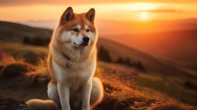 Un beau chien rouge de la race Shiba Inu sur le fond d'un paysage de montagne avec un beau coucher de soleil au néon Generative AI