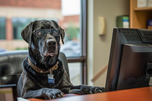 Beau chien travaillant dans un bureau avec un ordinateur portable