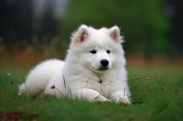 Beau chiot Samoyède assis sur l'herbe dans le parc Ai généré