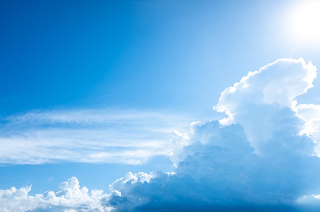 Beau ciel bleu clair avec des nuages blancs et fond de soleil