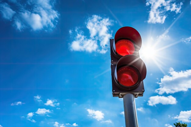 Beau ciel bleu derrière un feu rouge