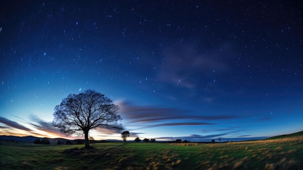 un beau ciel nocturne avec un arbre et un ciel rempli d'étoiles avec la lune au-dessus.