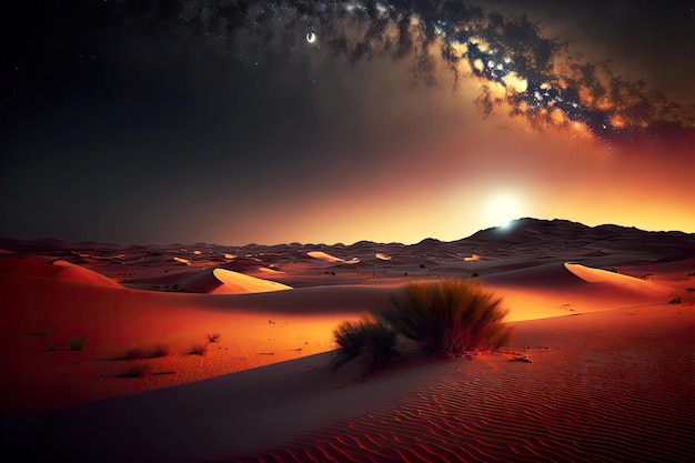 Beau ciel nocturne au-dessus des dunes solitaires du désert