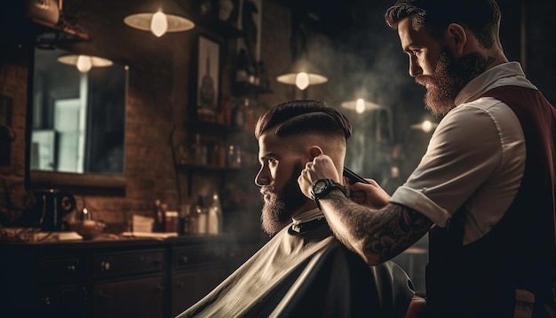 Beau coiffeur coupant les cheveux d'un client masculin Coiffeur servant un client au salon de coiffure